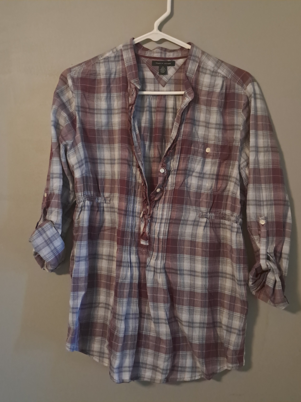 Tommy Hilfiger Burgundy and White Plaid Button-Up Blouse